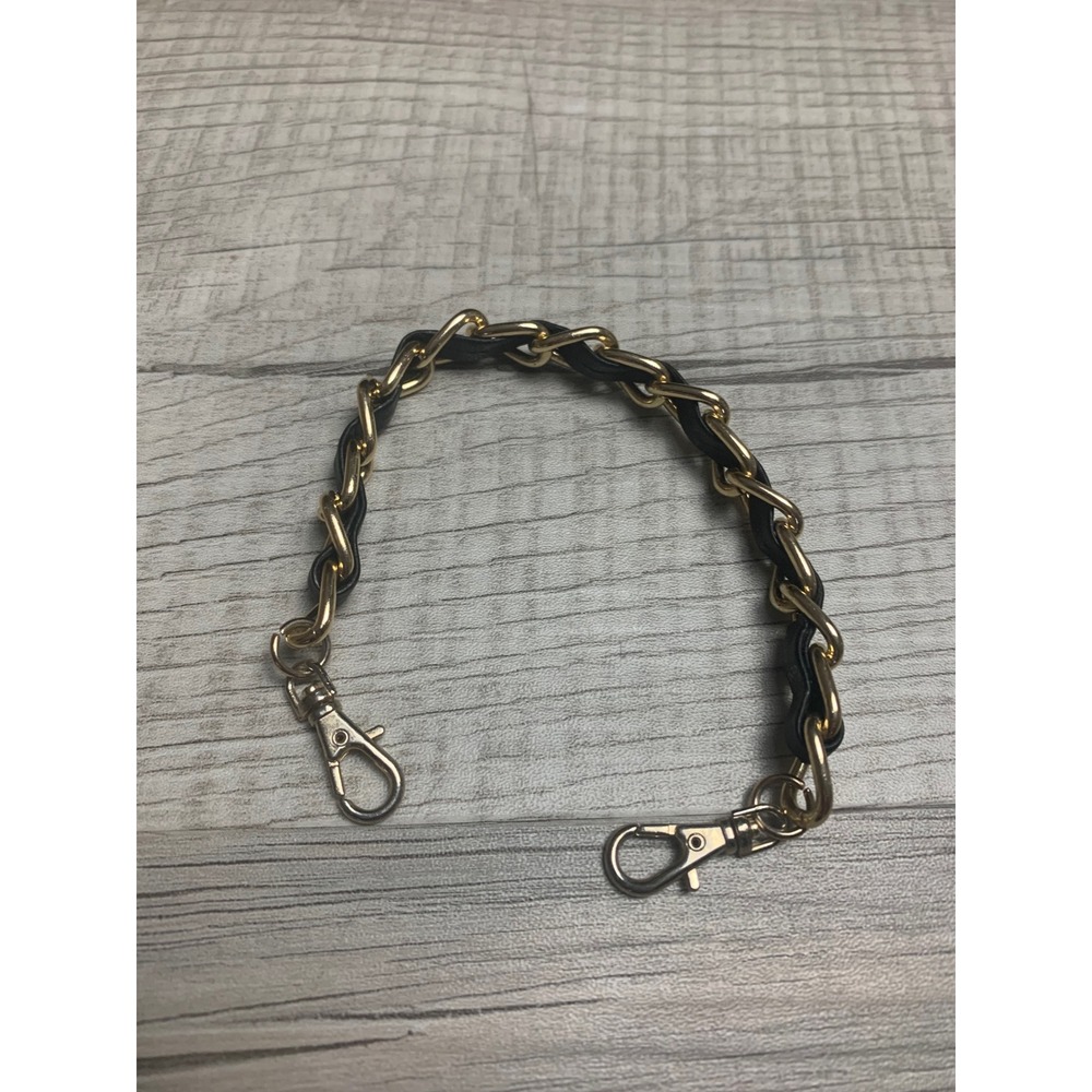 Gold Tone Interwoven Black Leather Chain Bracelet Lobster Clasp 7.5 Inch